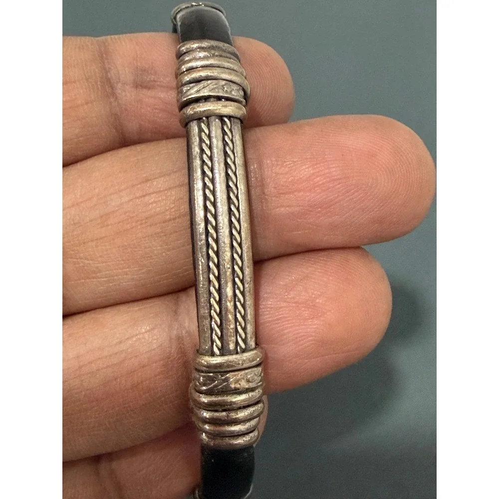 Cuff Bracelet Unisex 7in Black Leather  Silver Tone Tribal‎ Wire Wrap
